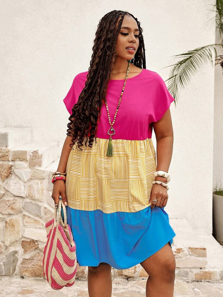 Plus Size Women's Plaid Contrast Color Fashion Short Sleeve Casual Dress, Suitable For Holiday & Travel Summer Summer Outfits Spring Clothing Spring Outfit Festival Outfits For Women Beach Outfit For Women Vacation Outfits Women Holiday Outfits For Women Summer Holiday Outfits Country Concert Outfit Women's Country Clothing