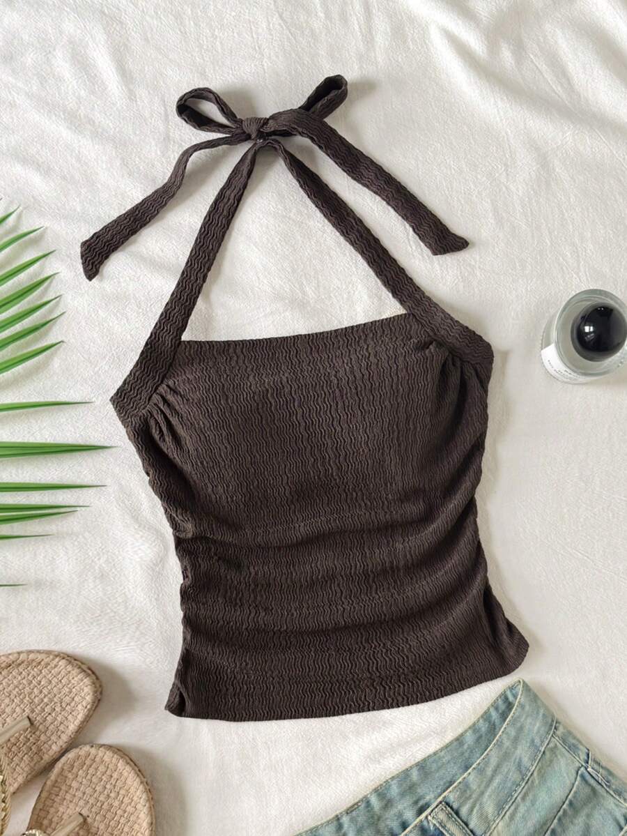 SHEIN 少女休闲棕色纹理高领紧身衣 - 棕色 - 查看 1