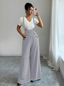 SHEIN Elenzya Women's Houndstooth Strap Straight Leg Jumpsuit - Dark Grey - View 3