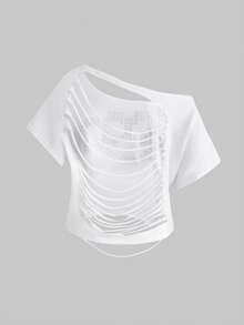 ROMWE Grunge Punk Women's Casual Rivet Ripped Backless Asymmetrical Shoulder Daily Wear Short Sleeve T-Shirt - White - View 2