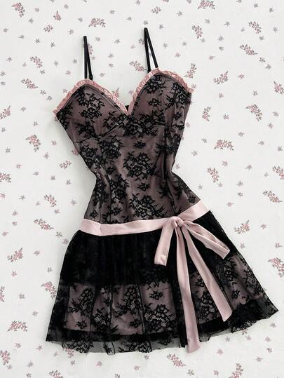 Elamini Women's Sexy Lace Sweet Mini Dress With Bow Tie, Suitable For Spring/Summer Daily Wear
