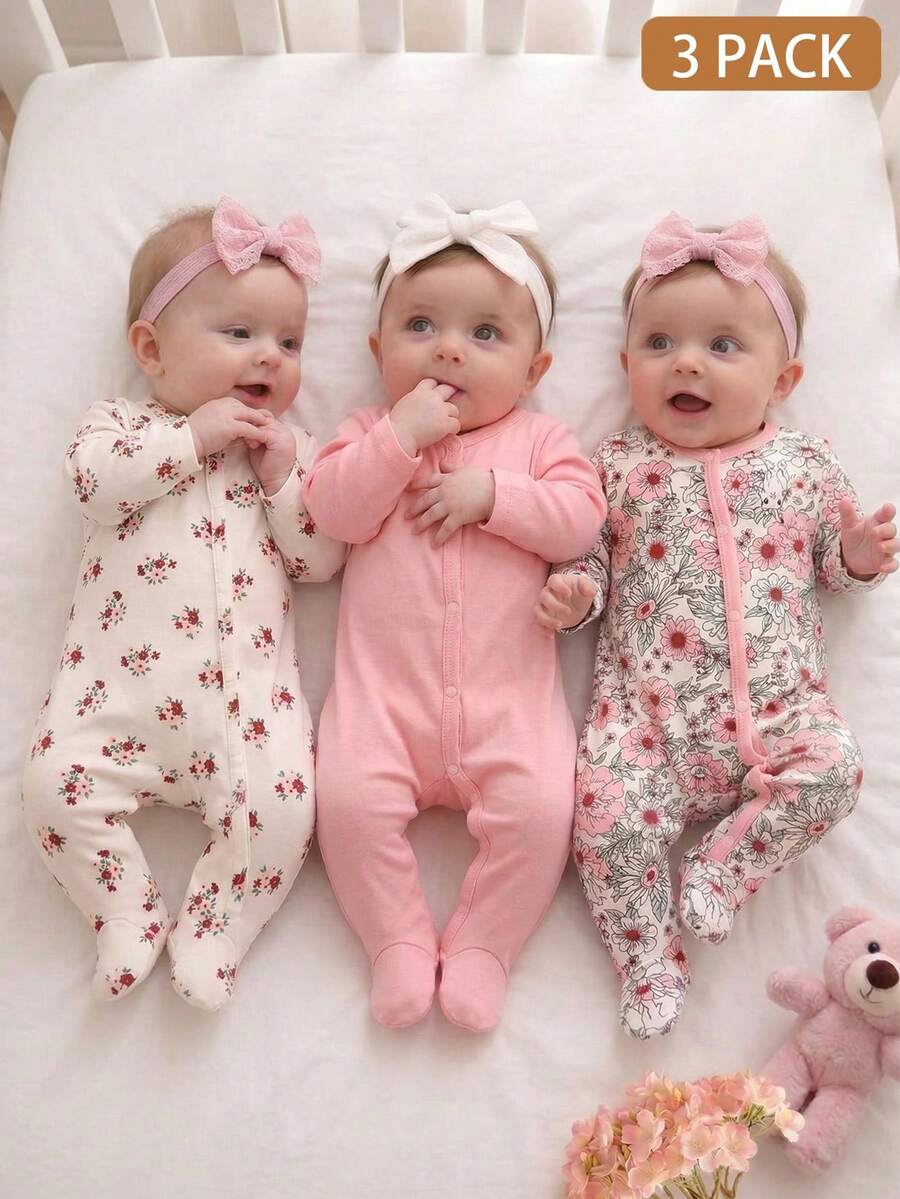 SHEIN Bộ áo liền quần dài tay kiểu dáng thường ngày cho bé sơ sinh - Hồng - Xem 1