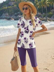 Sylviya Conjunto de 2 piezas de top de manga corta y pantalones de unicolor con estampado floral y de hojas, de estilo minimalista, casual, romántico y elegante, adecuado para el verano - Multicolor - Ver 3