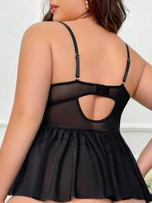 SHEIN Talla grande Set de lencería con encaje en contraste de malla con aro con liga - Negro - Ver 2