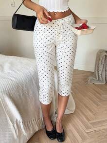 SHEIN EZwear 女款黑白波點印花斜口袋休閒修身七分褲 70s 90s 風格 日常度假邁阿密夏季穿搭 - 白色 - 查看 9