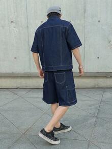 Teen Boy Fashion Homecoming Streetwear Mix And Match Versatile Design Y2k Vintage Cool Street Contrasting Color Stitching Dark Blue Short-Sleeved Shirt And Loose-Fitting Five-Pocket Jeans Set Of 2 Pieces For Kids Clothes Teen Boy Dailywear And Kids Spring To Summer Rave Outfits Festival And Outfits Streetwear Clothes - Blue - View 3