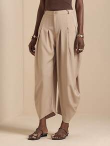 Vesra Khaki Pleated Floral Casual Women's Cropped Pants - Khaki - View 5