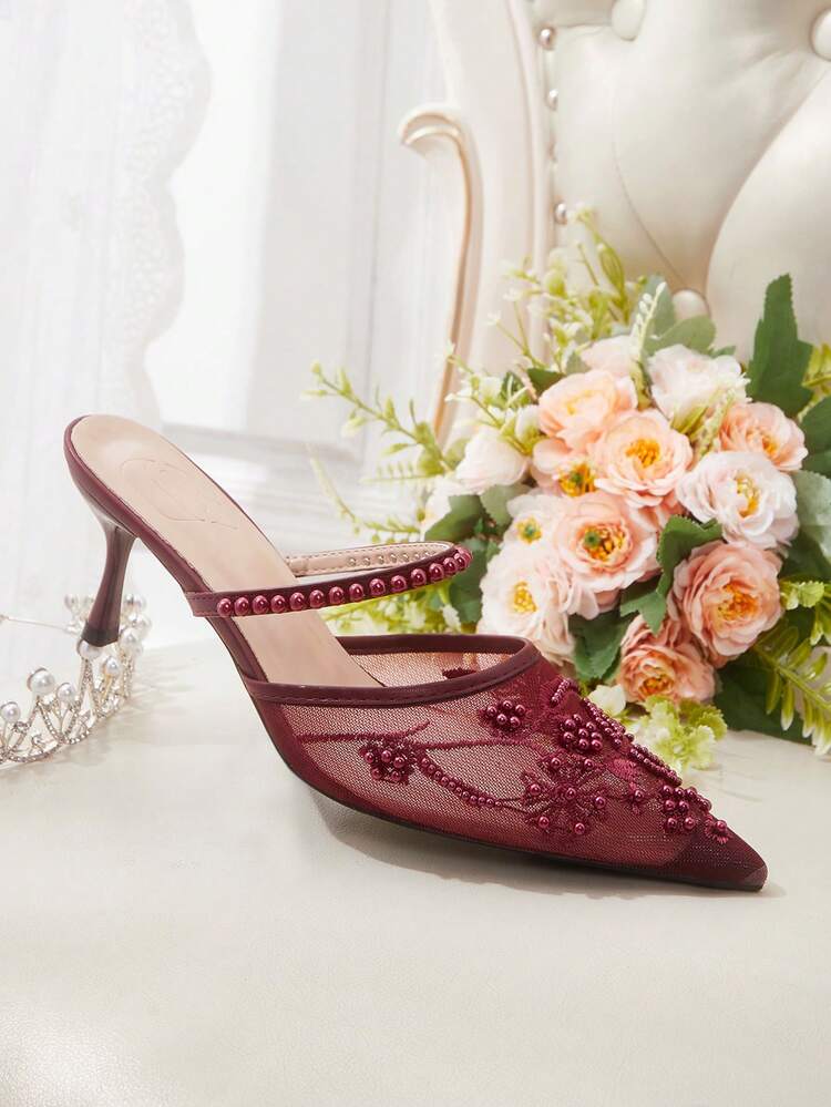 CUCCOO HITCHD Women Shoes Spring And Autumn New Elegant Temperament Mesh Embroidery Beaded Pointed Heel Medium Heel Retro Style Solid Color Women's High Heel Shoes Daily Commuting Dating Banquet Versatile Women's Shoes