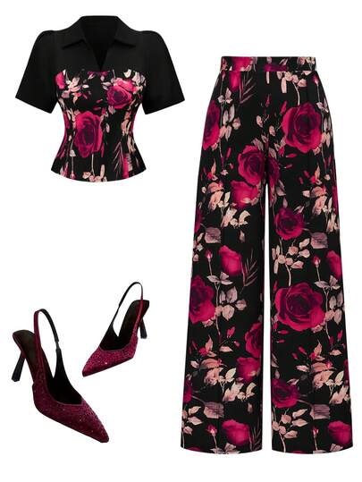 Rometta Conjunto de 2 piezas de mujer talla grande con top de manga corta con estampado floral y patchwork, y pantalón recto elegante y de moda