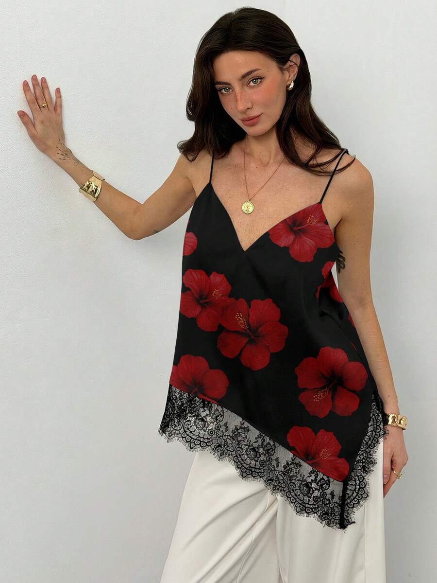 Aloruh Camiseta de mujer elegante y sexy con estampado floral vintage y encaje de contraste, adecuada para salidas, estilo callejero, fiestas, bodas, chic, trayecto al trabajo, vacaciones - Blanco - Ver 1