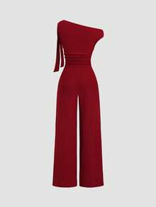 Sweetra Tall Mono elegante y cómodo para oficina de mujer, color borgoña, con diseño de hebilla metálica y corbata, pierna recta, para primavera/verano - Burdeos - Ver 2