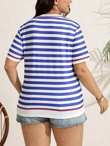 Comfylo Plus Size Women Blue And White Stripe Patchwork Knight Print Round Neck Short Sleeve T-Shirt T-Shirt Short Sleeve Top Casual T-Shirt Summer Top Tshirts For Women Casual Tshirt For Women Round Neck T Shirt Women Nautical Clothing For Women For Women Mother's Day Festival Outfit Women School - Multicolor - View 11