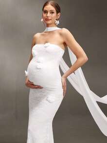 Cheriluna Maternity 优雅3D立体花卉孕妇长裙，雪纺装饰修身摄影礼服，春夏孕妇装 - 白色 - 查看 5