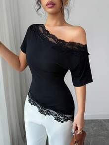 SHEIN Elenzya Áo thun nữ dáng ôm, phối ren, vai lệch, kiểu dáng thường ngày. - màu đen - Xem 5