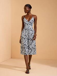 JIAN LASALA All-Over Printed Knit Overlapped Jumpsuit Women Summer Vacation Beach Holiday Vacation Navy And White Tropical - Black and White - View 4