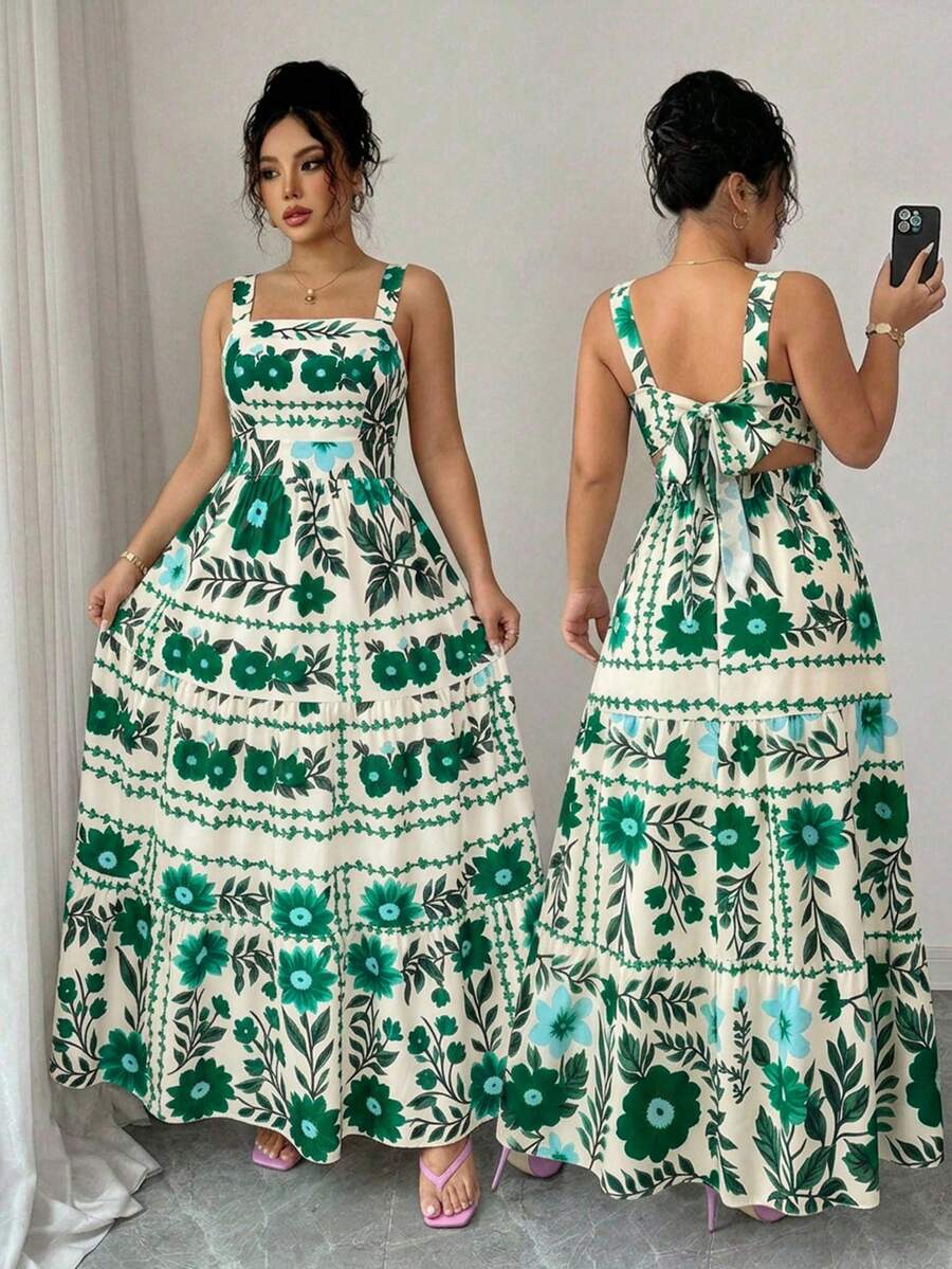 SHEIN Elenzya Đầm maxi nữ cỡ lớn in hoa, cổ vuông, thắt eo, dáng chữ A, thiết kế nơ phía sau, thích hợp cho công sở, đi làm, phong cách tối giản thanh lịch, lãng mạn đồng quê Pháp, hẹn hò, đi biển, nghỉ mát, xuân hè. - màu xanh lá - Xem 1