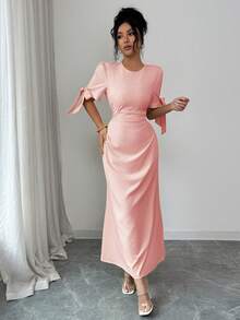 Elenzga 女士纯色圆领花瓣袖优雅连衣裙 - 粉色 - 查看 7