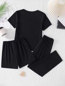 3pcs Girls Casual Comfortable Black Sleepwear Set With Slogan Graphic Short Sleeve Top, Shorts And Pants - Black - View 2