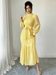 Modelyn Đầm midi dài tay màu tím, cổ đứng, xếp ly đính ngọc trai, chất liệu vải dệt họa tiết dành cho nữ. - Màu vàng - Xem 5