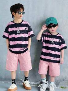 2pcs/Set Tween Boy Casual Striped Crew Neck Short Sleeve T-Shirt And Shorts Set, Suitable For Commuting, School, Daily Casual Wear, Sports, Spring/Summer - Black - View 6
