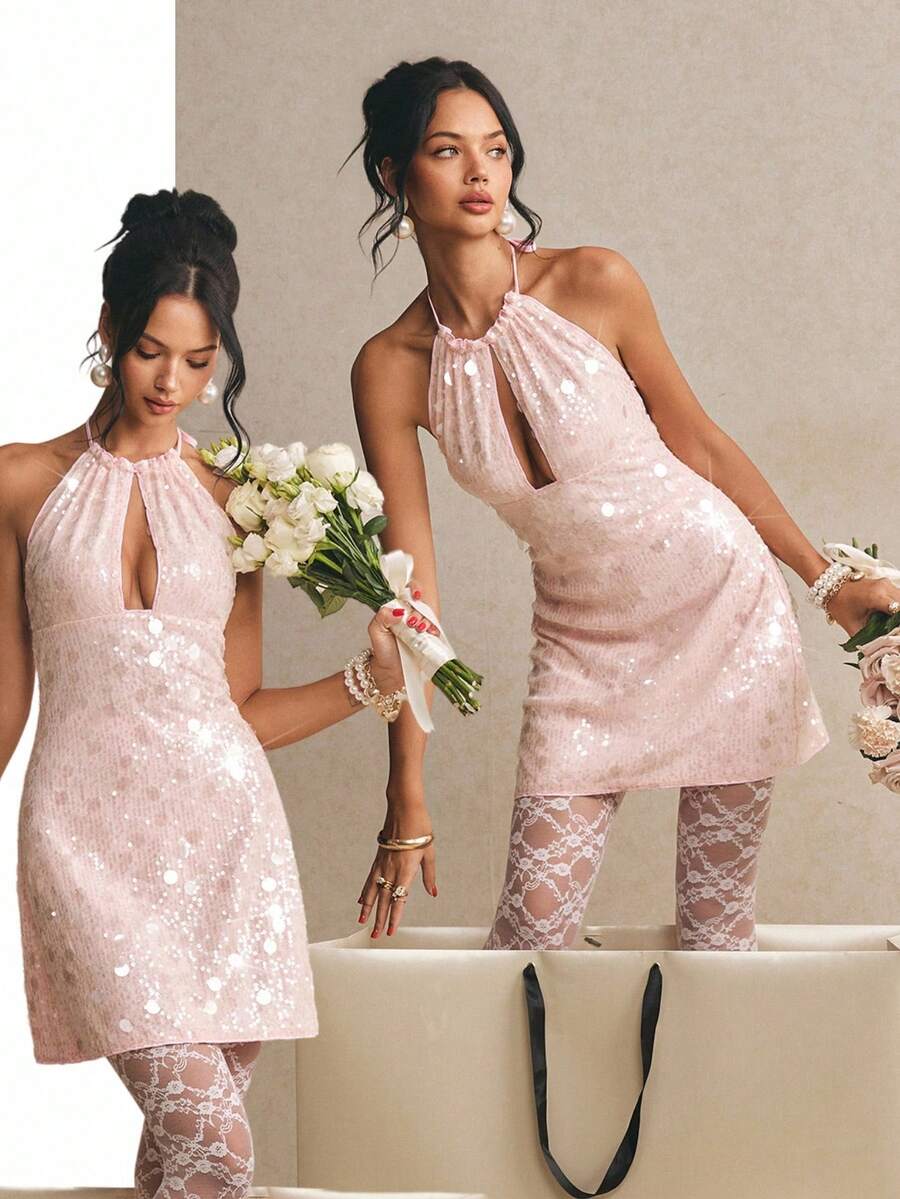 Poéselle Women's Fashionable Sexy Party Sequin Mini Dress,Pink Sequin Halter Neck Mini Dress For Women Sleeveless Short Party Wear With Daring Keyhole Design,Going Out Dresses For Women,Women's Party Dresses,Rehearsal Dinner Dress Guest,Bridal Shower Dresses For The Bride,Elegant Sparkle Women's Halter Neck Mini Dress With Backless Design,Women's Sexy Backless Halter Sequin Mini Dress Pink Sleeveless Party Wear,Backless Summer Dress,Summer 2026 Outfits,Graduation Dress ,Wedding Party Dress ,Wedding Guest Dress