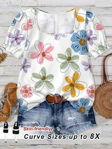 SHEIN CURVE+ Plus Size Colorful Floral Print Casual Shirt For Women, Suitable For Spring/Summer - White - View 1