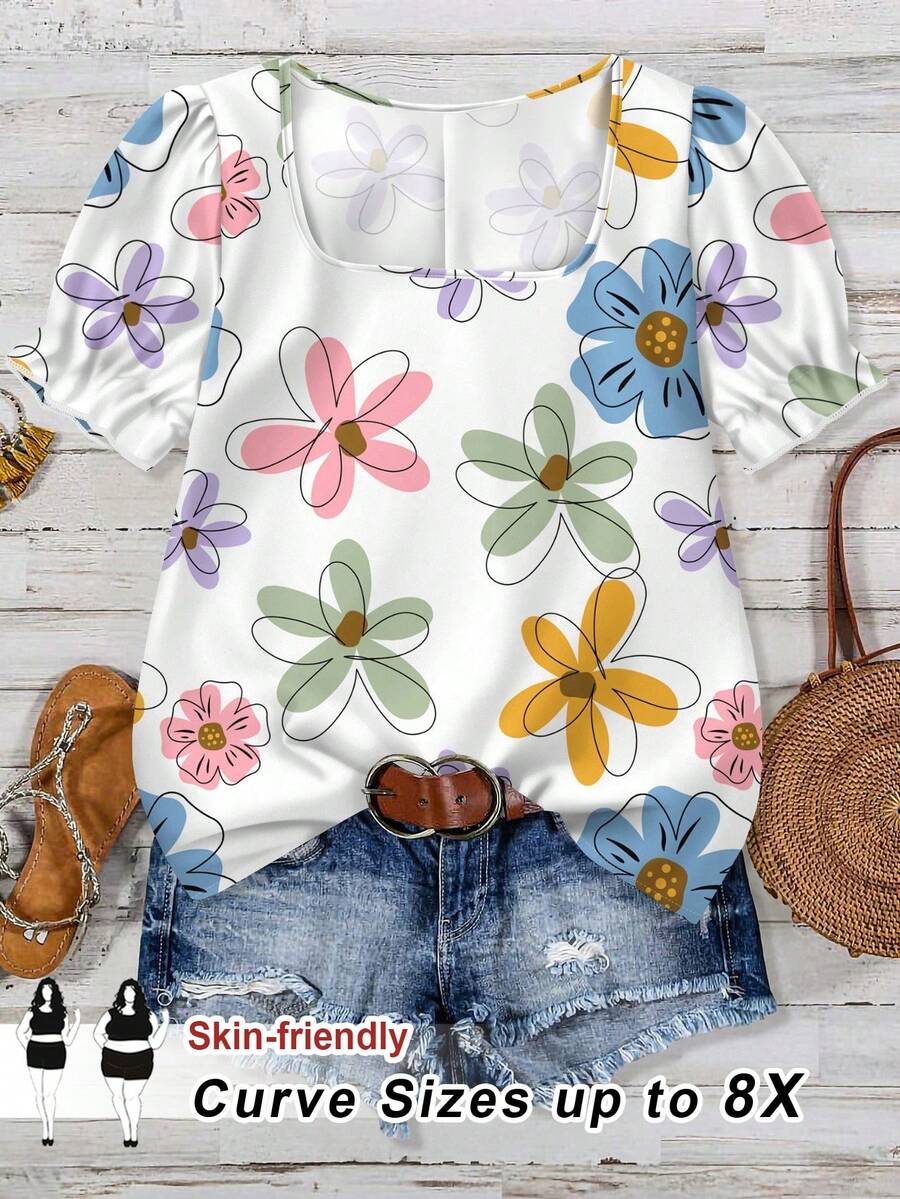 SHEIN CURVE+ Plus Size Colorful Floral Print Casual Shirt For Women, Suitable For Spring/Summer - White - View 1