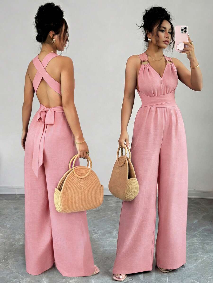 Selianne Bộ jumpsuit ống rộng cổ chữ V thắt eo, màu xanh dương, kiểu dáng thường ngày dành cho nữ, trang phục mùa hè thoải mái. - Hồng - Xem 1
