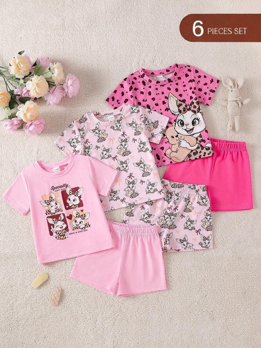 SHEIN 6件套女婴可爱兔子印花休闲短裤套装,春夏款 - 粉色 - 查看 1