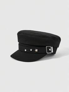 ROMWE Grunge Punk 1 pieza Gorra de béisbol negra para mujer con bordado de estrella, estilo vintage inglés, nuevo estilo navy, gorra de estilo newsboy coreano - A - Ver 1