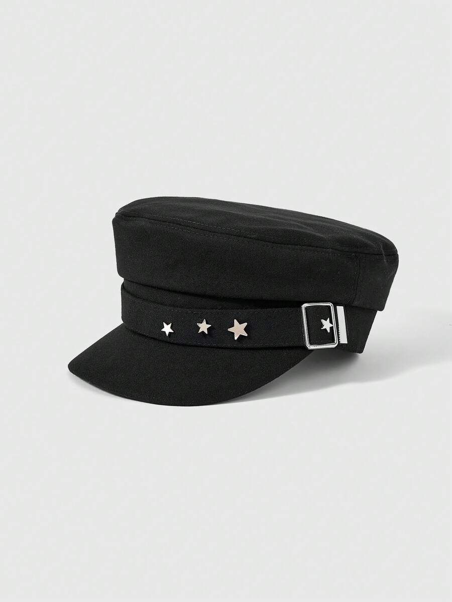 ROMWE Grunge Punk 1 pieza Gorra de béisbol negra para mujer con bordado de estrella, estilo vintage inglés, nuevo estilo navy, gorra de estilo newsboy coreano - A - Ver 1