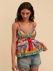 SHEIN TRVLCHIC Camiseta de tirantes con estampado geométrico y de plantas tropicales con flecos, adecuada para la playa/vacaciones - Multicolor - Ver 4