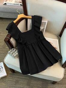 GlowEve CURVE Plus Size Women's Romantic Ruffled Hem Solid Color Casual Commuting Fashionable Blouse, Suitable For Spring And Summer - Black - View 4