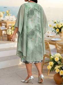 Fleurora Bộ đồ 2 mảnh thời trang dự tiệc dành cho nữ cỡ lớn: váy cổ tròn và áo khoác cardigan dài tay bằng vải lưới. - Nhiều màu - Xem 3