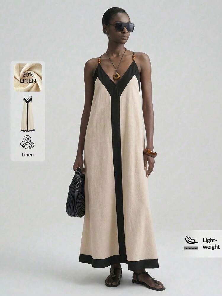 2026 Spring/Summer Women's Contrast Color Backless Dress, Elegant For Business, Casual, Commute, Beach Vacation