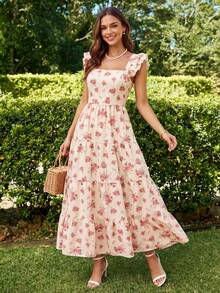 KARISMINA 女士休闲优雅浪漫度假沙滩方领印花弹力腰连衣裙，粉色连衣裙 - 粉色 - 查看 6