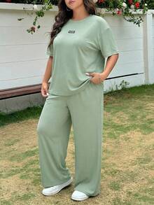 EIN  Conjunto de camiseta holgada de manga caída con estampado de leopardo y pantalones de pierna ancha para mujer talla grande, adecuado para primavera/verano, vacaciones y uso diario - verde menta - Ver 5