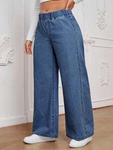 EMERY ROSE Plus Size Women Casual Versatile Elastic Waist Baggy Jeans - Medium Wash - View 3