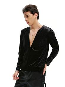 DSELFIQUE 男士深V领长袖时尚天鹅绒植绒T恤亮片上衣男士水钻衬衫长袖男士闪亮衬衫圣诞节 - 黑色 - 查看 1