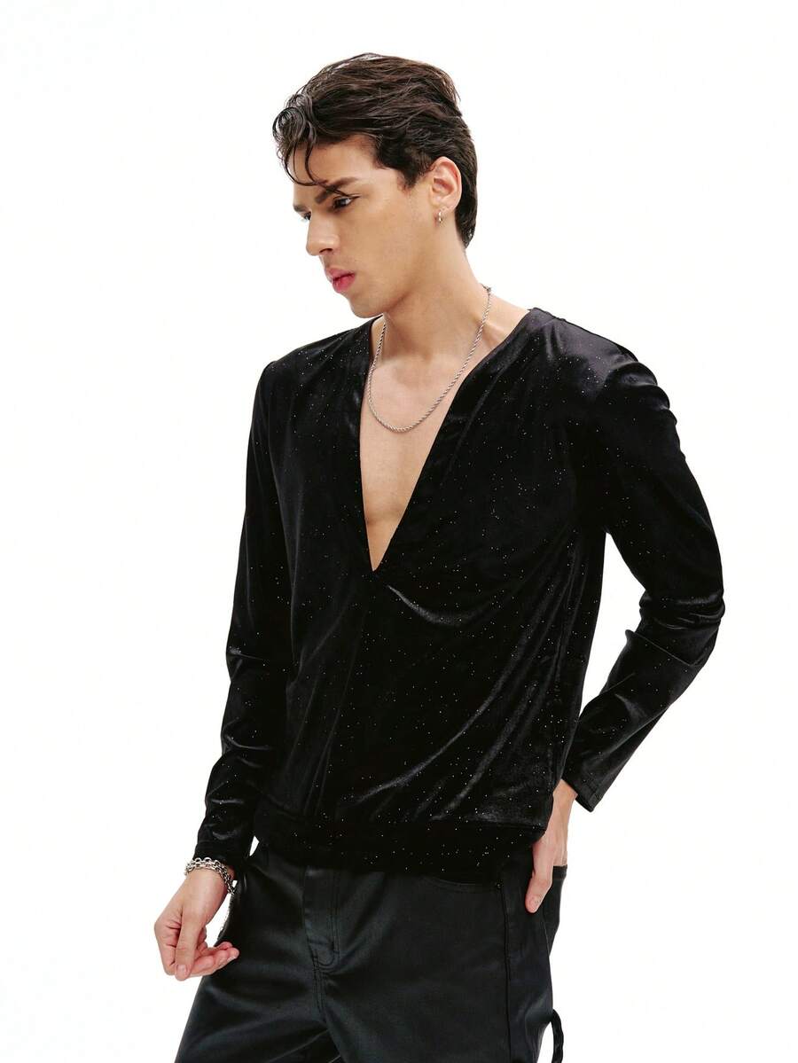 DSELFIQUE 男士深V领长袖时尚天鹅绒植绒T恤亮片上衣男士水钻衬衫长袖男士闪亮衬衫圣诞节 - 黑色 - 查看 1
