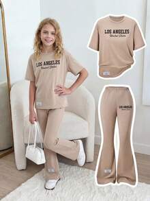 Sparklyn Y2K Retro Street Style Tween Mädchen Khaki Rundhals Kurzarm Weite Hose Set, Los Angeles Muster Sportlich 2-teiliges Outfit, Ins Sommer Campus Stil - Khaki - Übersicht 1
