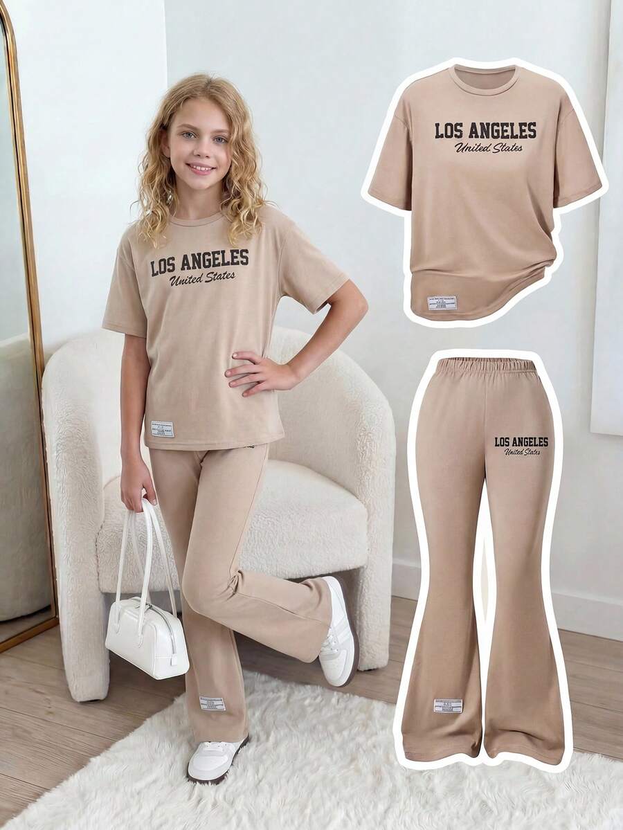 Sparklyn Y2K Retro Street Style Tween Mädchen Khaki Rundhals Kurzarm Weite Hose Set, Los Angeles Muster Sportlich 2-teiliges Outfit, Ins Sommer Campus Stil - Khaki - Übersicht 1