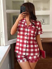 Conjunto de pijama con estampado de cuadros en el cuello - Burdeos - Ver 3