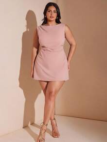 SHEIN BAE Plus Size Women's Spring/Summer Red Ruched Mini Dress, Elegant Beach Vacation Dress - Baby Pink - View 3