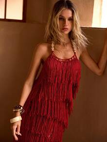MOTF PREMIUM BEADED DECOR TASSELED SHEER VACATION SWIMSUIT COVER UP MID-LENGTH DRESS - Red - View 7