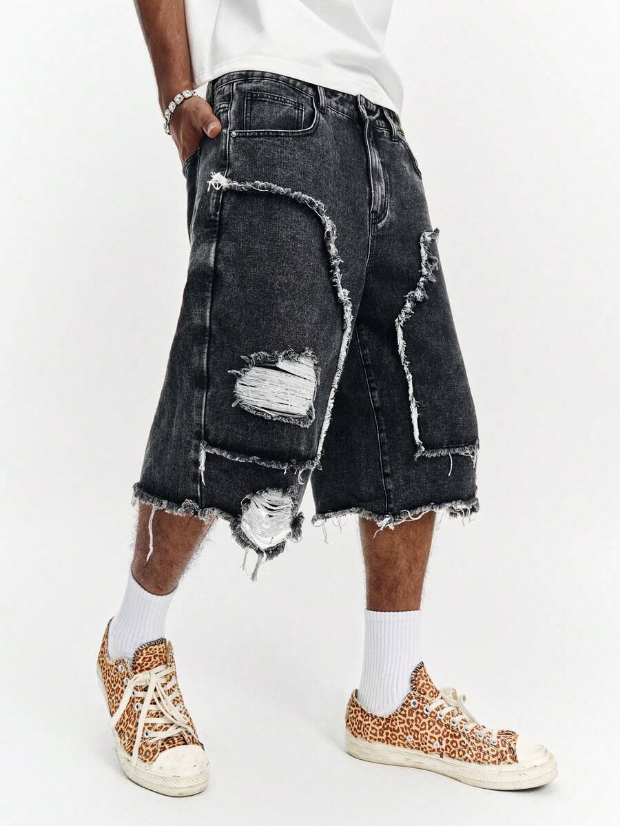PAVTROS American Patchwork Frayed Distressed Washed Casual Denim Bermuda Shorts
