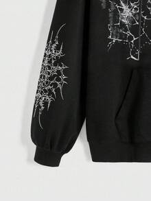 ROMWE Grunge Punk 朋克街头风复古荆棘 Y2K Y3K 未来主义扎染十字印花黑色拉链图案口袋女式卫衣 - 黑色 - 查看 3