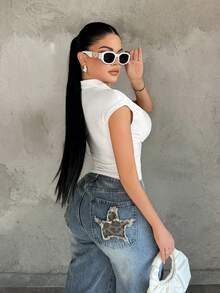 SHEIN SXY 夏季休闲纯色 Polo 领纽扣修身腰部 T 恤 - 白色 - 查看 2