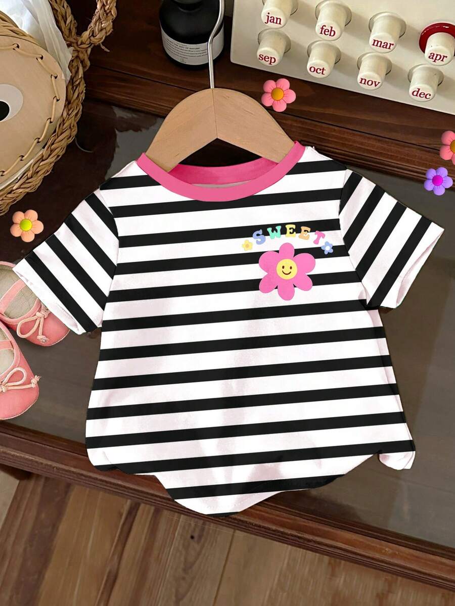 Cute Floral & Striped Pattern Young Girl Casual Minimalist Round Neck Short Sleeve T-Shirt, Suitable For Spring/Summer - Multicolor - View 1