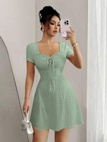 Elenzga Đầm mini mùa hè mới, chất liệu jacquard dệt kim, màu kem bơ, kiểu dáng gợi cảm, ôm sát, thắt nơ phía trước dành cho nữ. - màu xanh lá - Xem 7